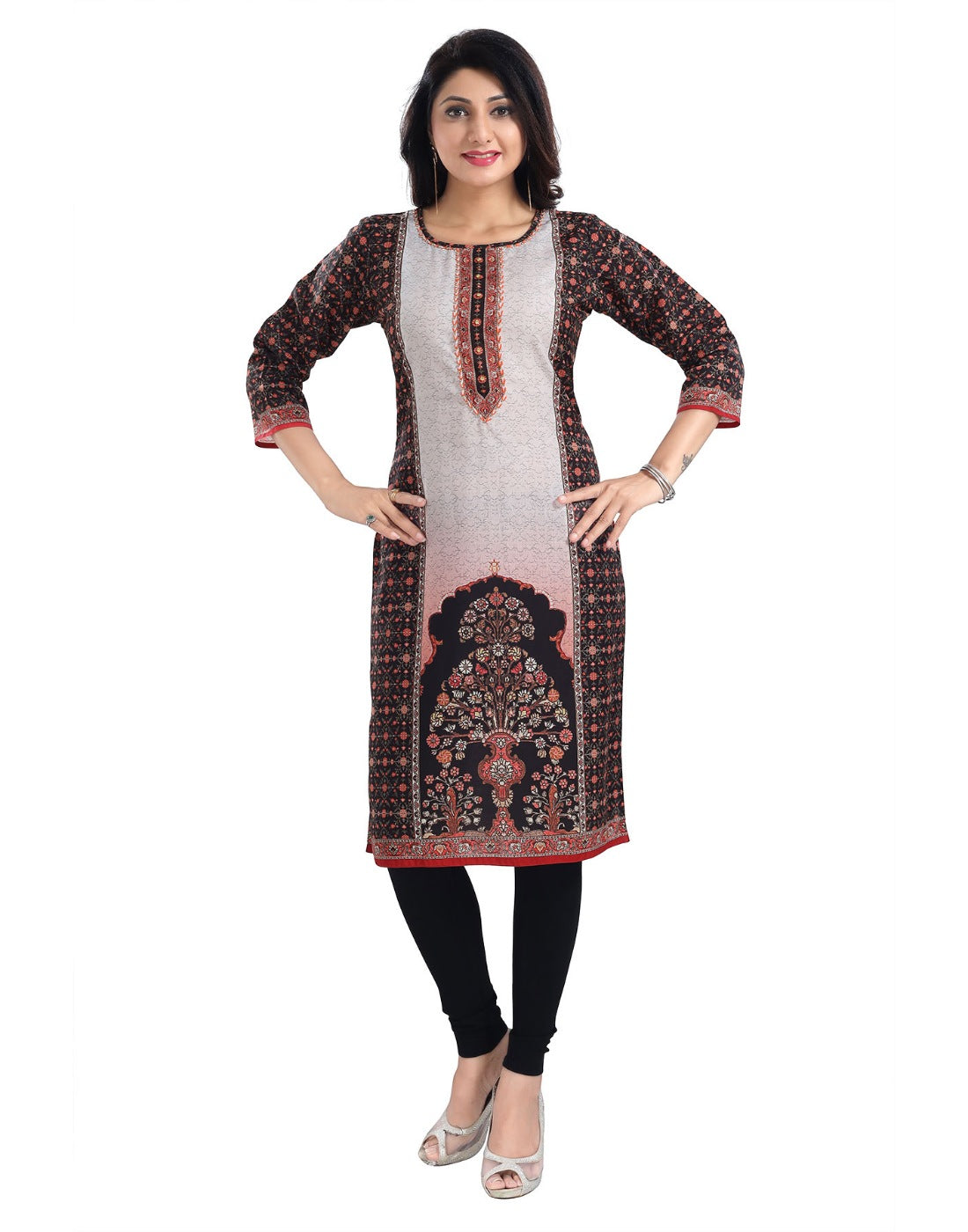 Brown cotton blend women's 3/4 sleeve tunic long kurti with round neck, knee-length style