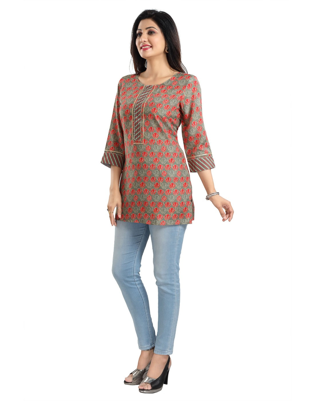 Multicolor viscose blend women's 3/4 sleeve tunic short top for casual wear