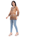 Women's 3/4th Sleeve Faux Crepe Tunic Short Top (Light Brown) - GillKart