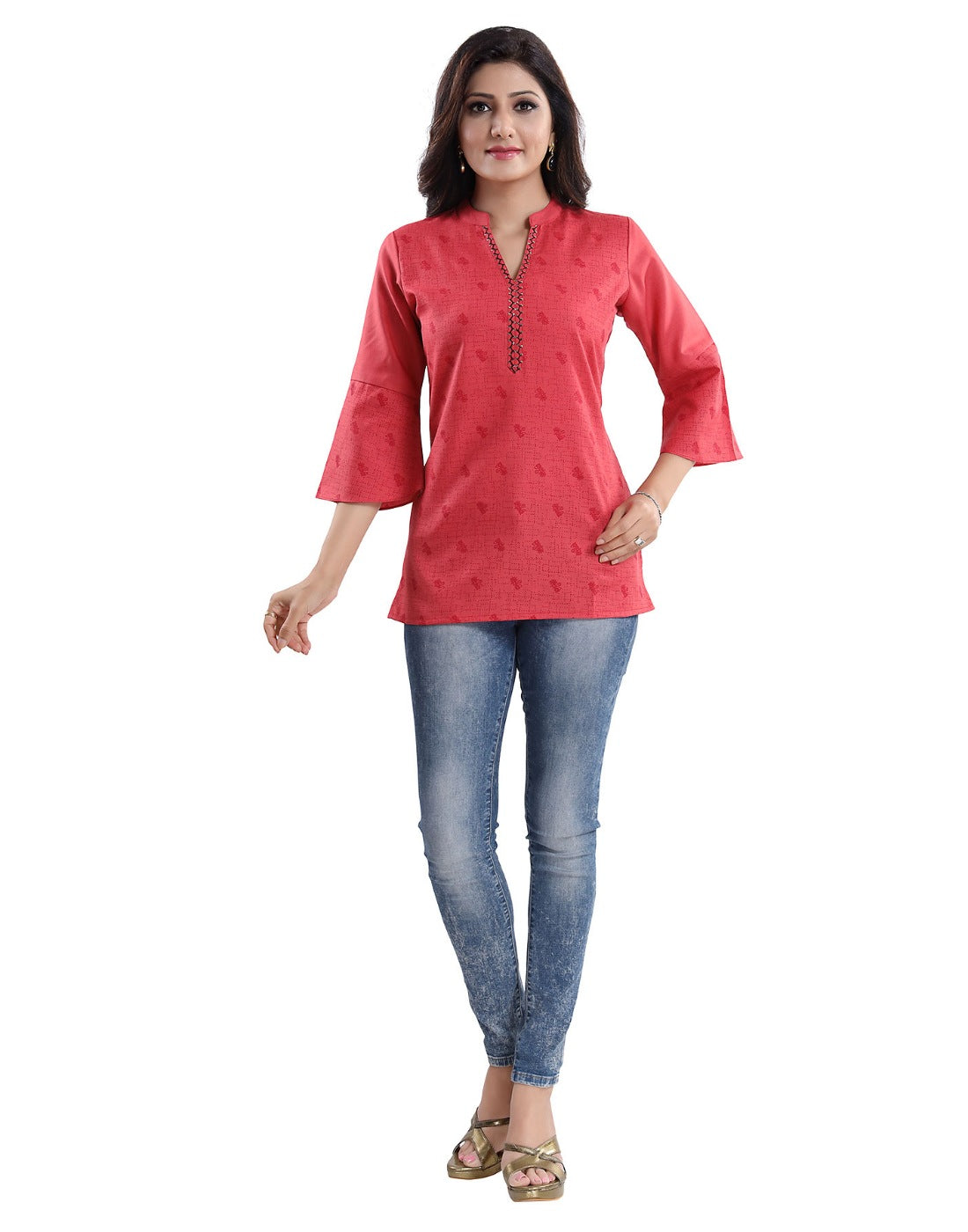 Women's 3/4th Sleeve Polyester Blend Tunic Short Top (Red) - GillKart