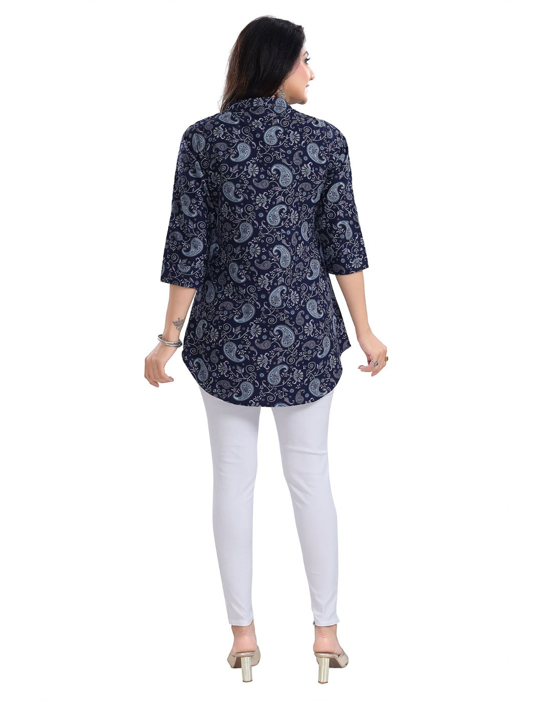 Blue 3/4 sleeve polyester tunic top with mandarin collar, short length for women