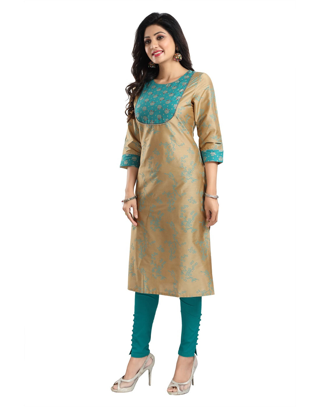 Women's 3/4th Sleeve Silk Blend Tunic Long Kurti (Beige) - GillKart