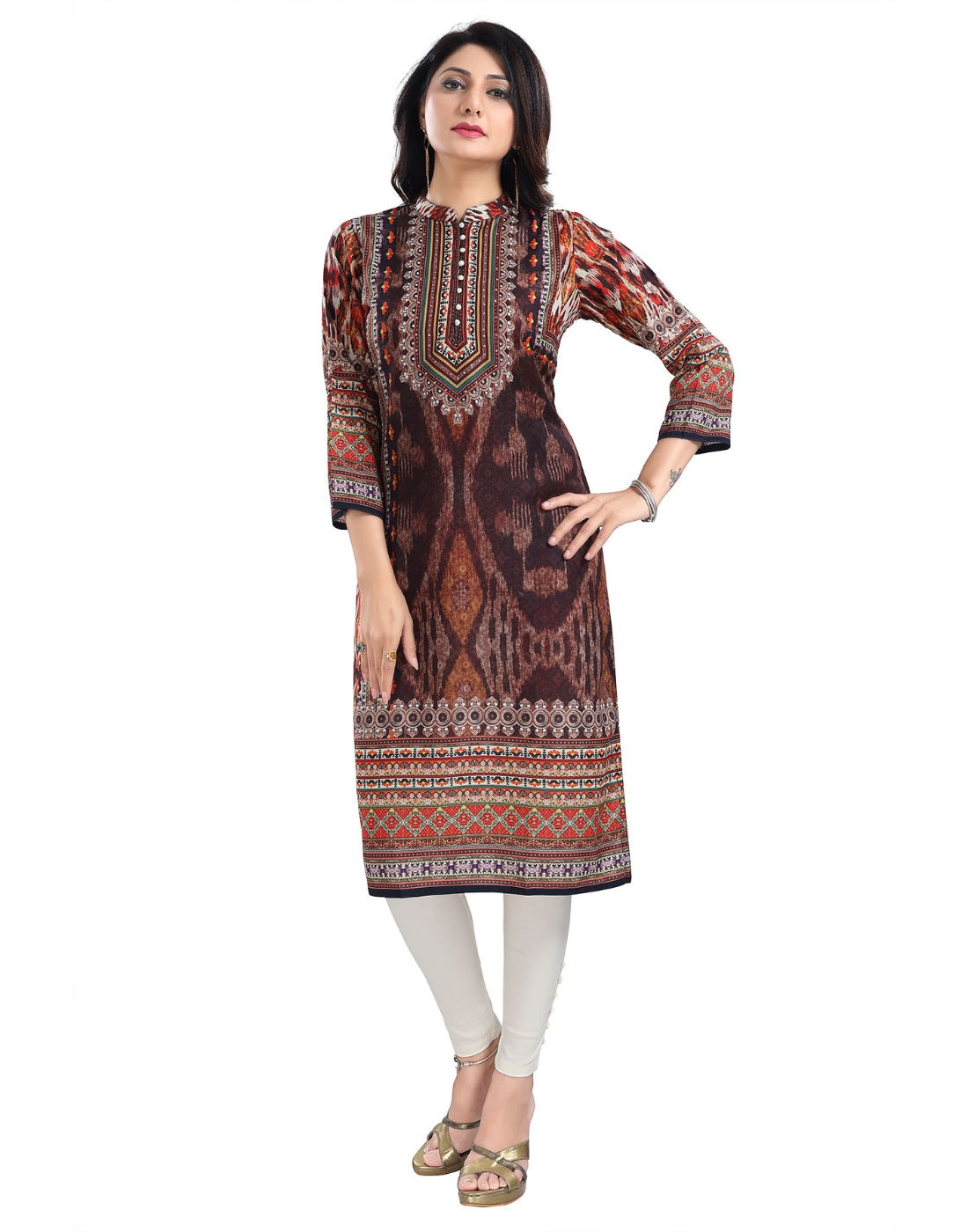 Brown 3/4 sleeve Masleen tunic long kurti, mandarin collar, knee-length clothing for women