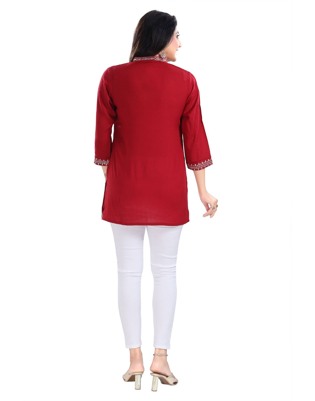 Women's 3/4th Sleeve Viscose Tunic Short Top (Red) - GillKart