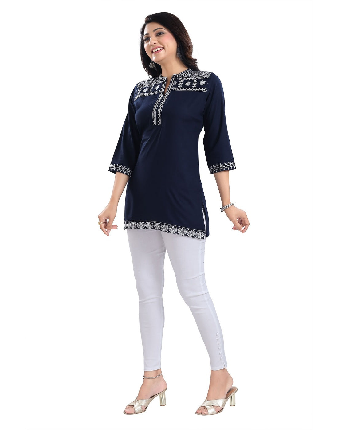 Blue viscose 3/4 sleeve tunic short top with mandarin collar for women