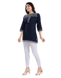 Blue viscose 3/4 sleeve tunic short top with mandarin collar for women