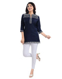 Blue viscose 3/4 sleeve tunic short top with mandarin collar for women