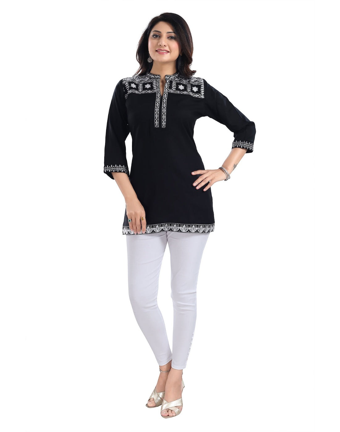 Black viscose 3/4 sleeve tunic top with mandarin collar, short length for women's fashion