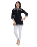 Black viscose 3/4 sleeve tunic top with mandarin collar, short length for women's fashion