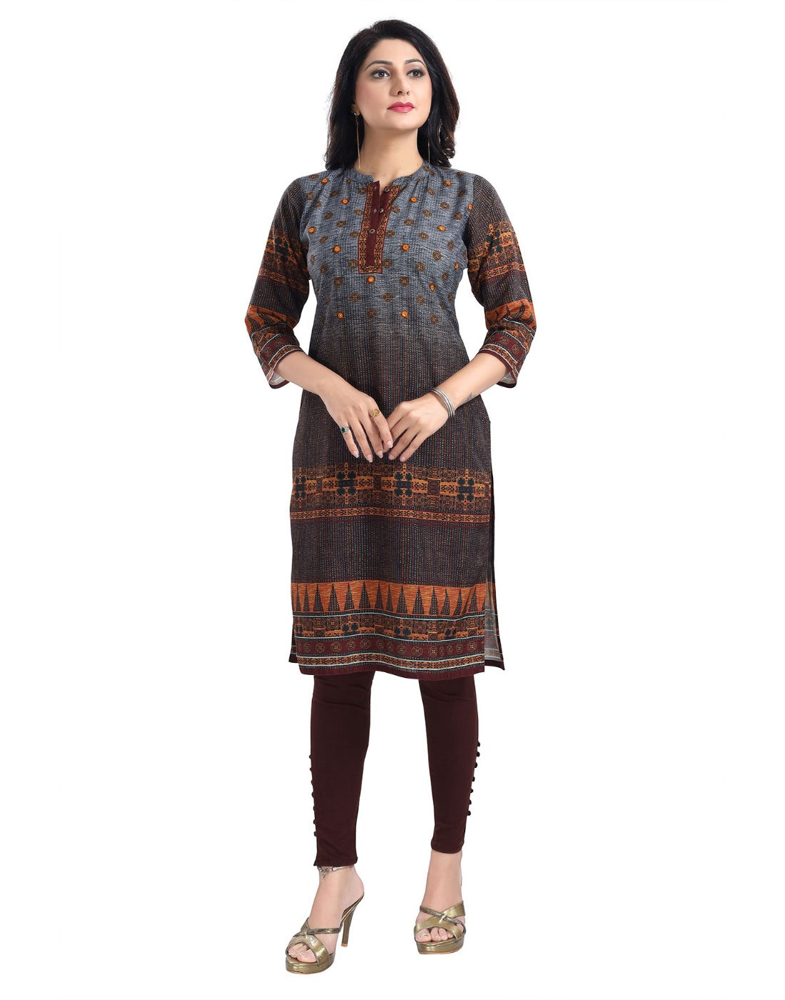 Brown cotton blend tunic long kurti with 3/4 sleeves and mandarin collar, ideal for women's modest fashion