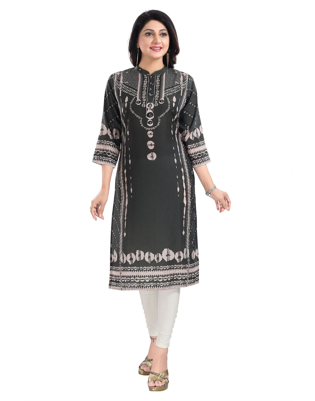 Olive green 3/4 sleeve Masleen tunic long kurti for women, mandarin collar, knee-length