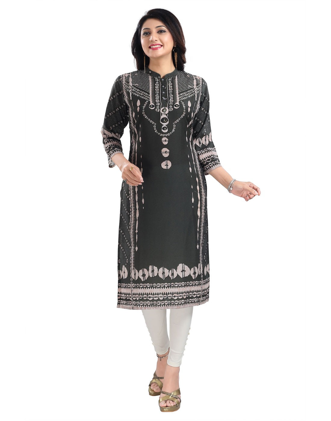 Olive green 3/4 sleeve Masleen tunic long kurti for women, knee-length mandarin collar