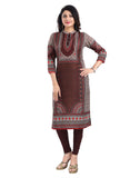 Brown Masleen tunic with 3/4 sleeves and mandarin collar, knee-length women's fashionable long kurti