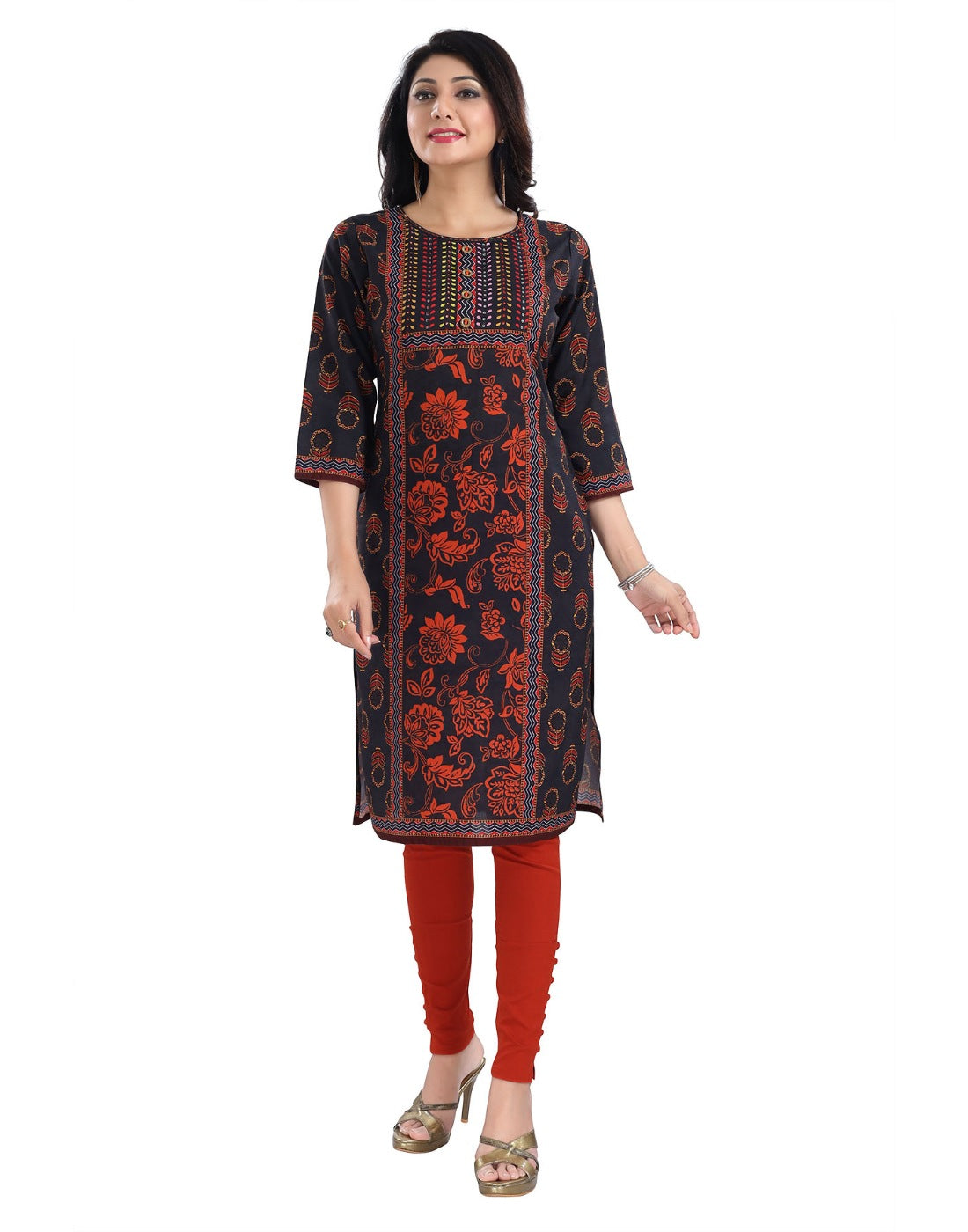 Women's 3/4th Sleeve Cotton Blend Tunic Long Kurti (Grey) - GillKart