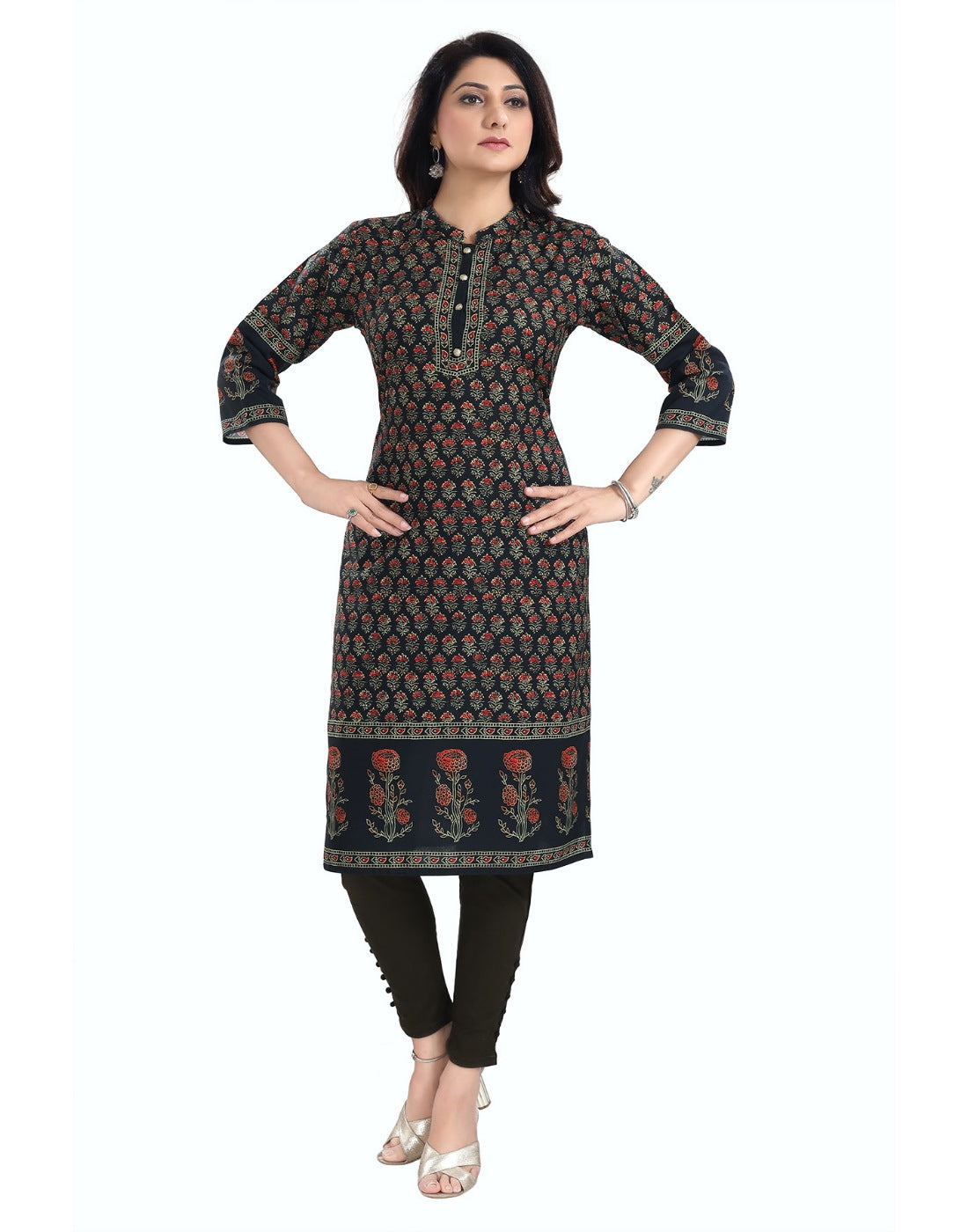 Black cotton blend 3/4 sleeve tunic long kurti for women, mandarin collar, knee-length