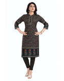 Black cotton blend 3/4 sleeve tunic long kurti for women, mandarin collar, knee-length