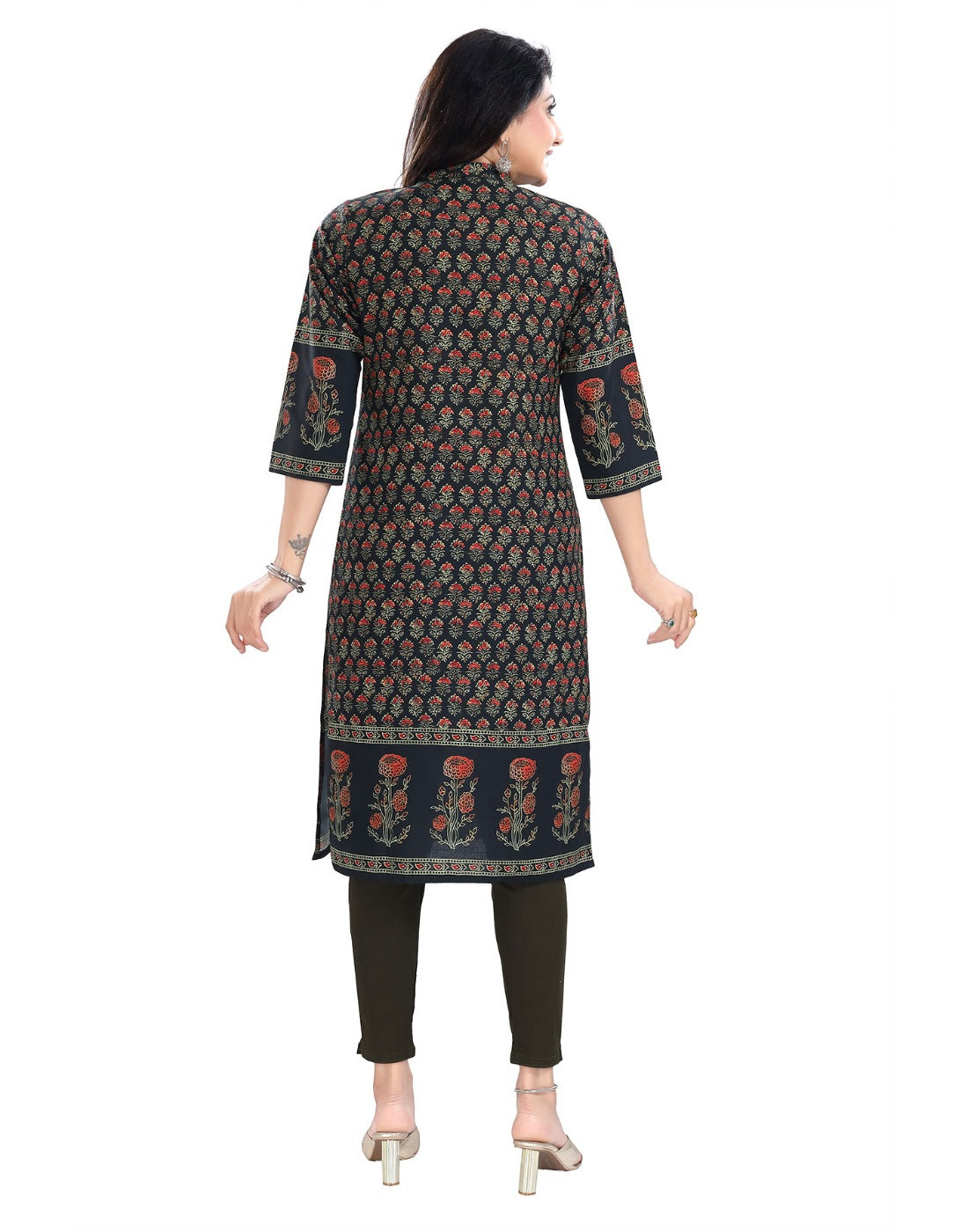 Black cotton blend women's 3/4 sleeve tunic long kurti with mandarin collar, knee-length style