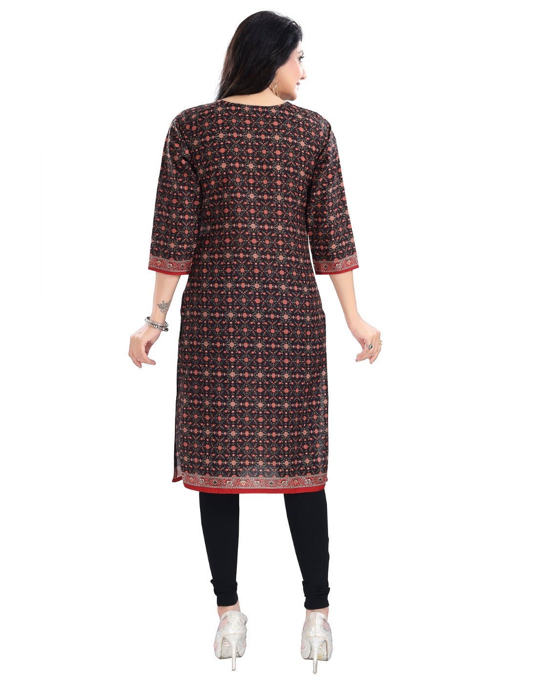 Brown cotton blend 3/4 sleeve tunic long kurti for women, round neck, knee length style