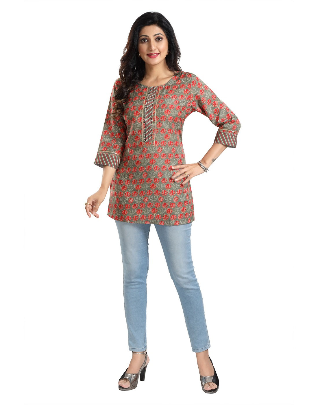 Multicolor viscose blend women's 3/4 sleeve tunic top with short length, round neck - may vary slightly from image depiction