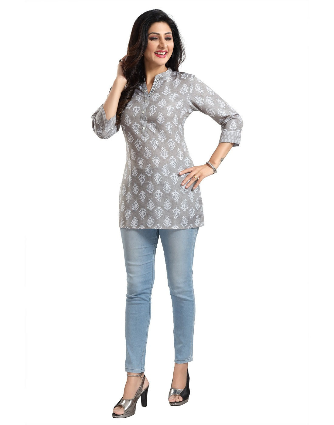 Women's 3/4th Sleeve Viscose Blend Tunic Short Top (Grey) - GillKart