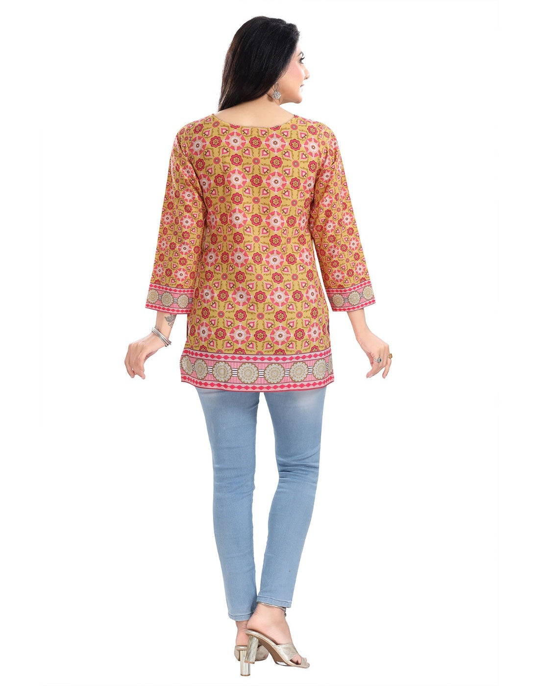 Multicolor faux crepe 3/4 sleeve tunic top for women, short length, round neck