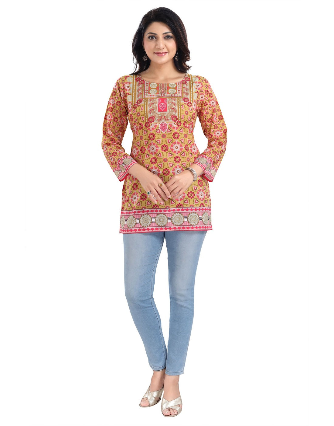 Multicolor faux crepe women's 3/4 sleeve tunic top with short length, round neck