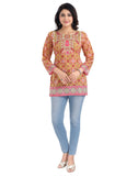 Multicolor faux crepe women's 3/4 sleeve tunic top with short length, round neck