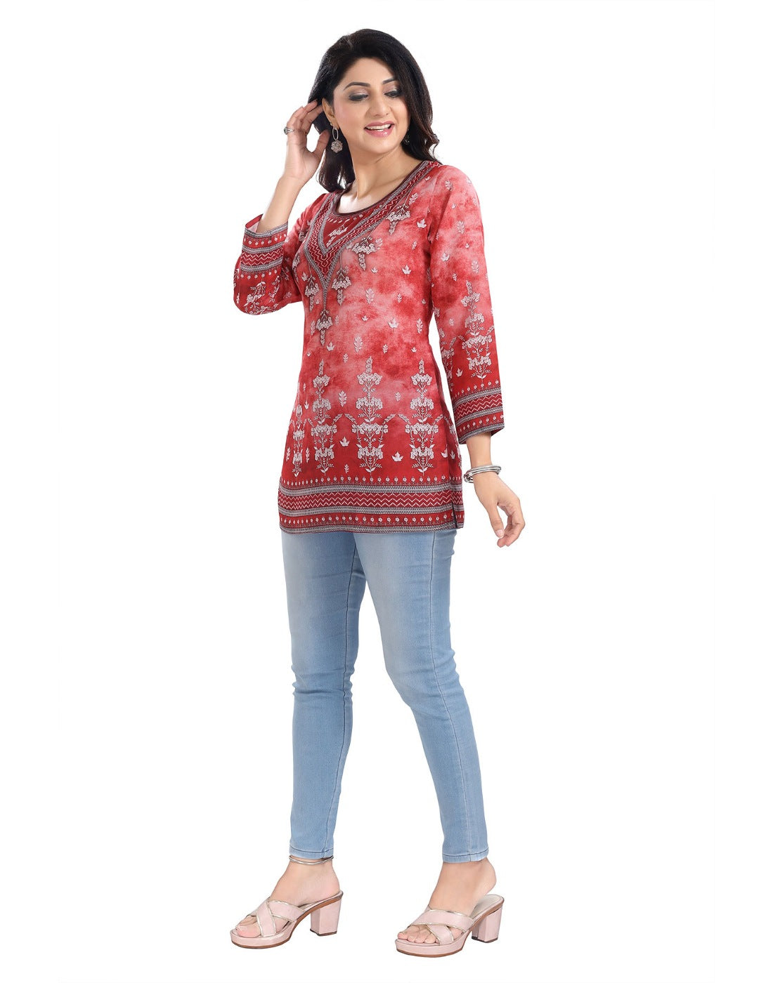 Women's 3/4th Sleeve Faux Crepe Tunic Short Top (Red) - GillKart