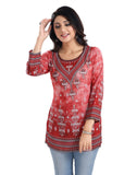 Women's 3/4th Sleeve Faux Crepe Tunic Short Top (Red) - GillKart