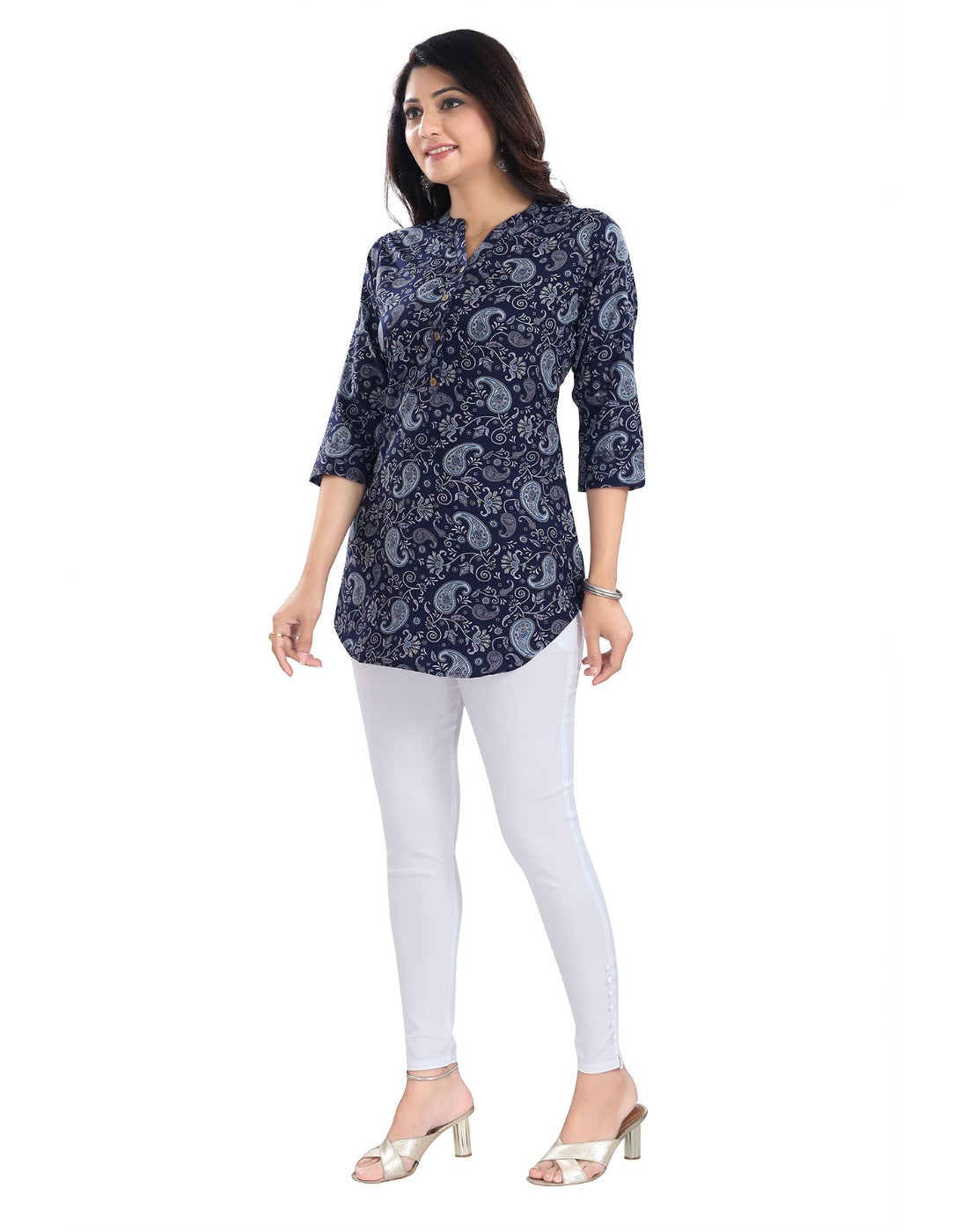 Blue 3/4 sleeve polyester tunic top with mandarin collar, short length on model