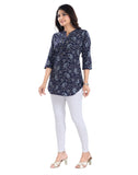 Blue 3/4 sleeve polyester tunic top with mandarin collar, short length on model