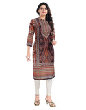 Brown Masleen tunic long kurti with 3/4 sleeves and mandarin collar, knee-length style for women's fashion