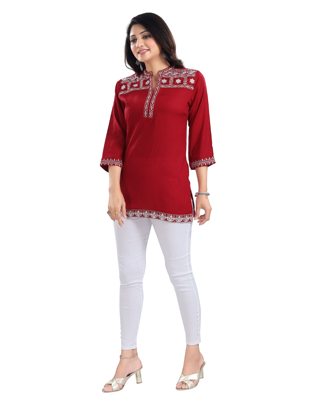 Women's 3/4th Sleeve Viscose Tunic Short Top (Red) - GillKart