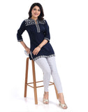Blue viscose 3/4 sleeve tunic short top with mandarin collar for women, fashionable casual wear on mannequin