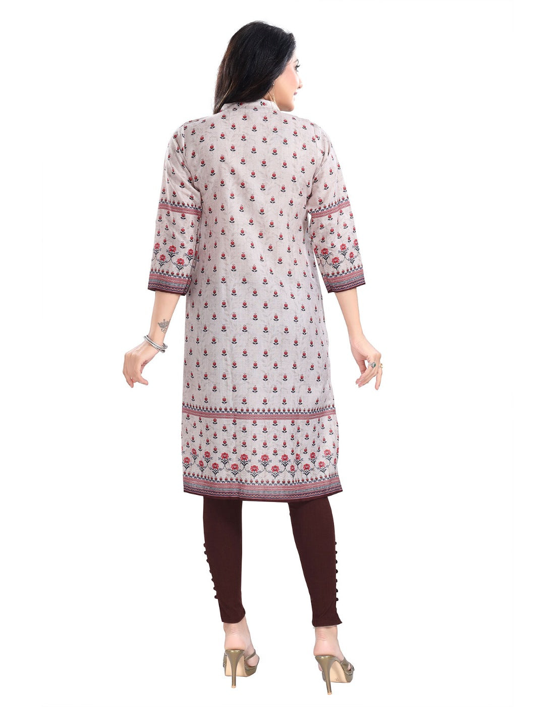 Beige cotton blend 3/4 sleeve tunic long kurti for women, knee length with mandarin collar