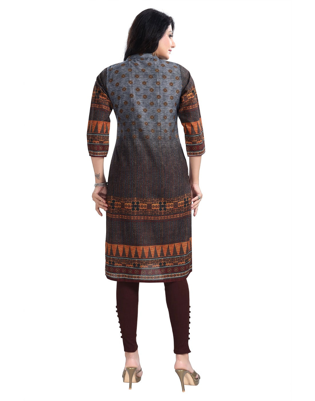 Brown cotton blend tunic long kurti with 3/4 sleeve and mandarin collar, ideal for women's fashionable, knee-length attire