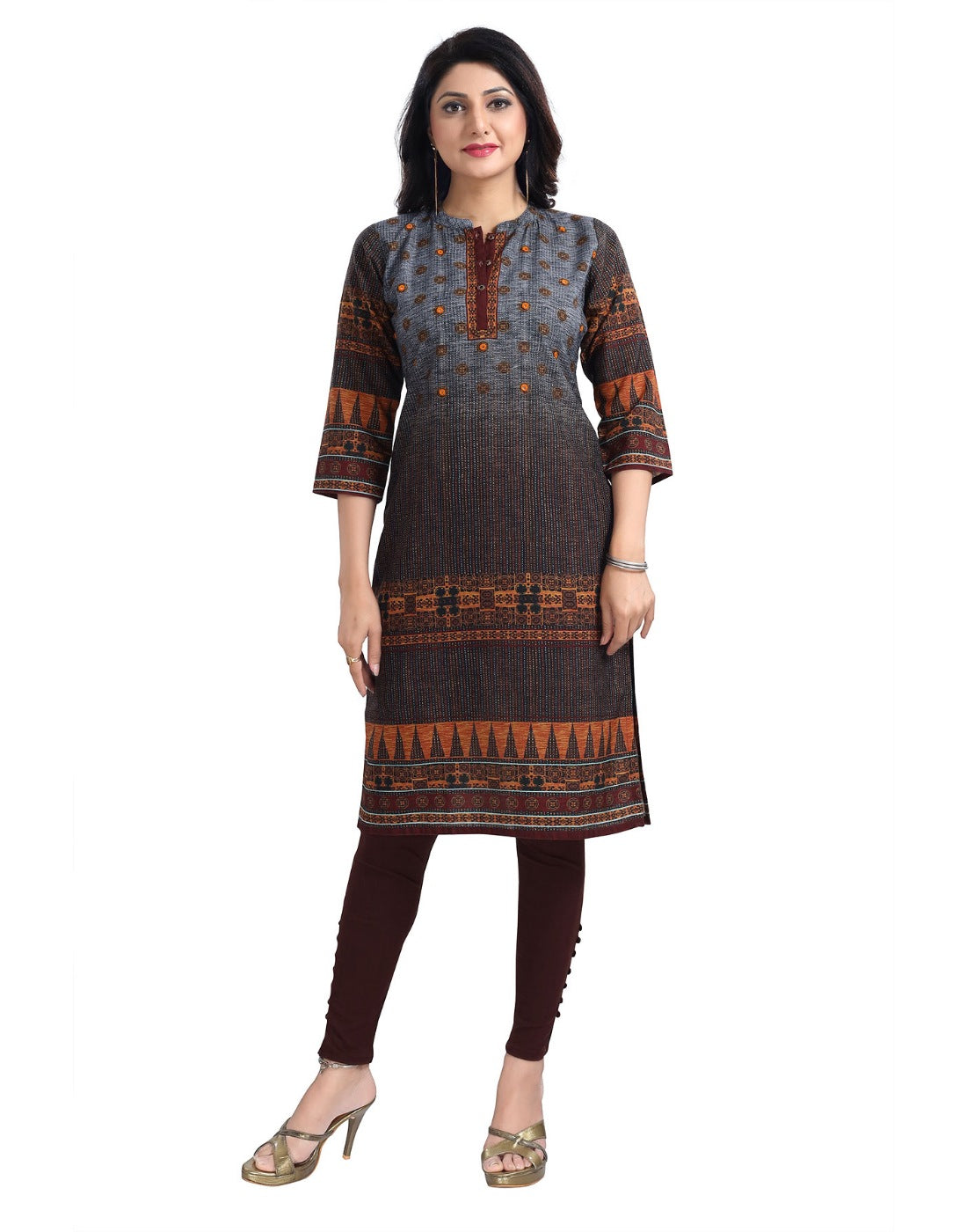 Brown cotton blend women's 3/4 sleeve tunic long kurti with mandarin collar, knee-length