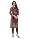 Brown Masleen 3/4 sleeve tunic long kurti with mandarin collar, knee-length