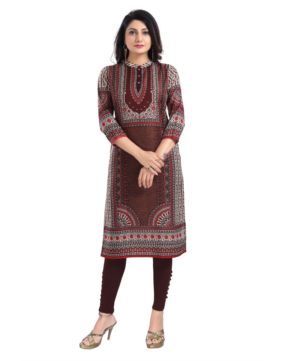 Brown 3/4 sleeve Masleen tunic long kurti, knee-length, mandarin collar for women's fashion