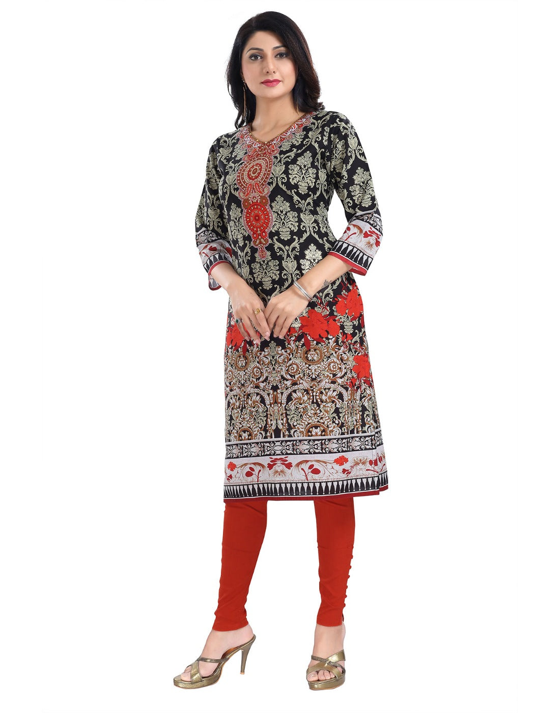 Women's 3/4th Sleeve Cotton Blend Tunic Long Kurti (Black) - GillKart