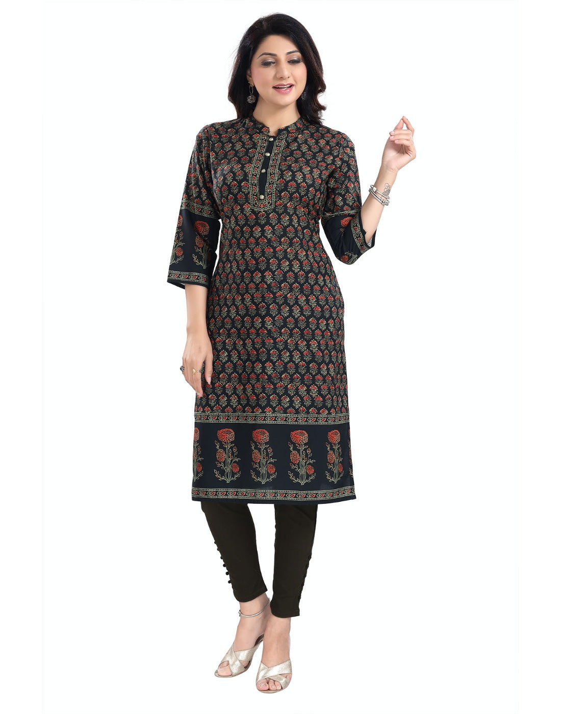 Black cotton blend tunic long kurti with 3/4 sleeves and mandarin collar, knee-length style for women's fashion