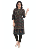 Black cotton blend tunic long kurti with 3/4 sleeves and mandarin collar, knee-length style for women's fashion