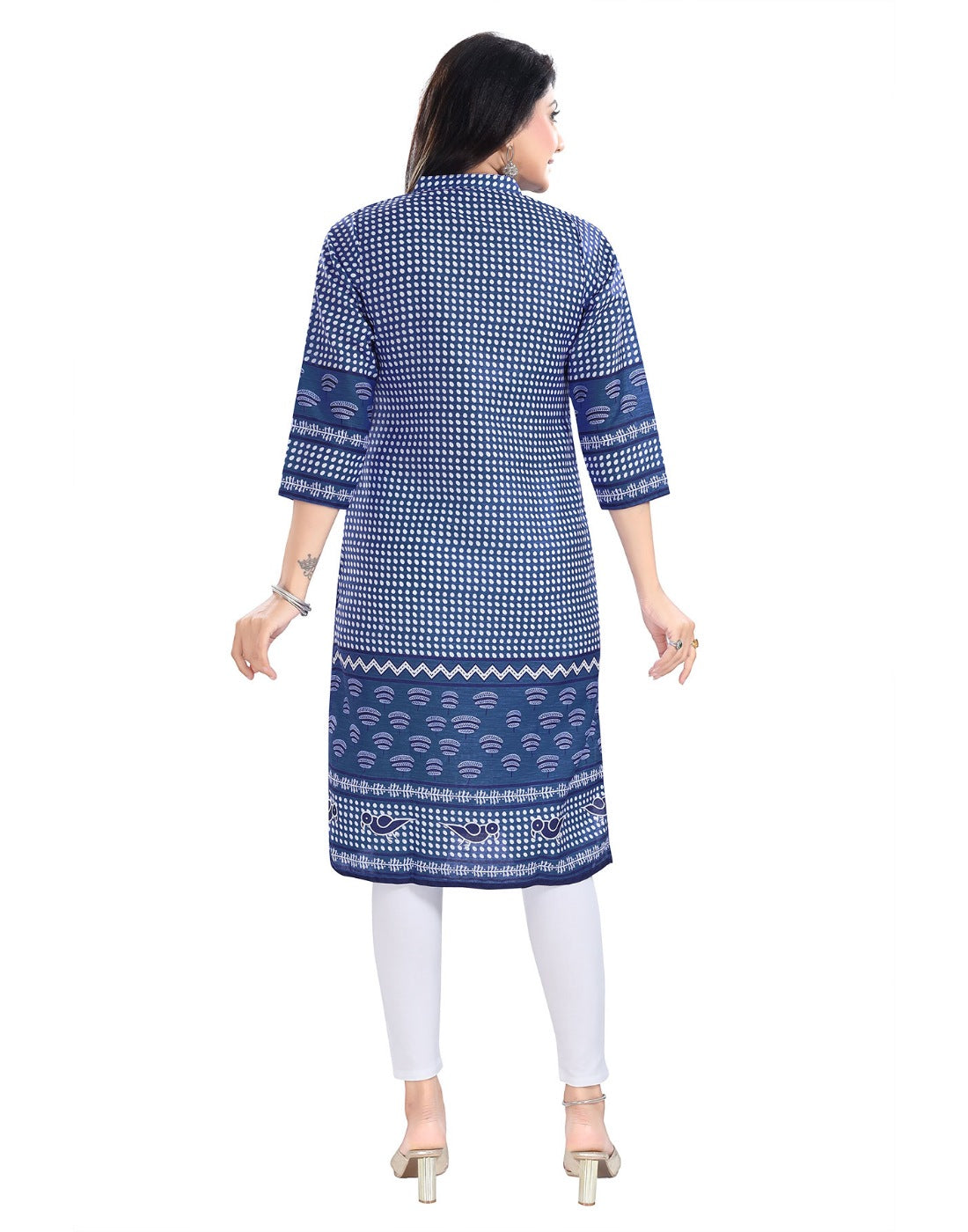 Women's 3/4th Sleeve Cotton Blend Tunic Long Kurti (Blue) - GillKart