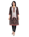 Brown cotton blend tunic long kurti with 3/4 sleeves and round neck, displayed on a clothing hanger