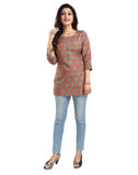 Multicolor viscose blend 3/4 sleeve tunic top for women, short length with round neck