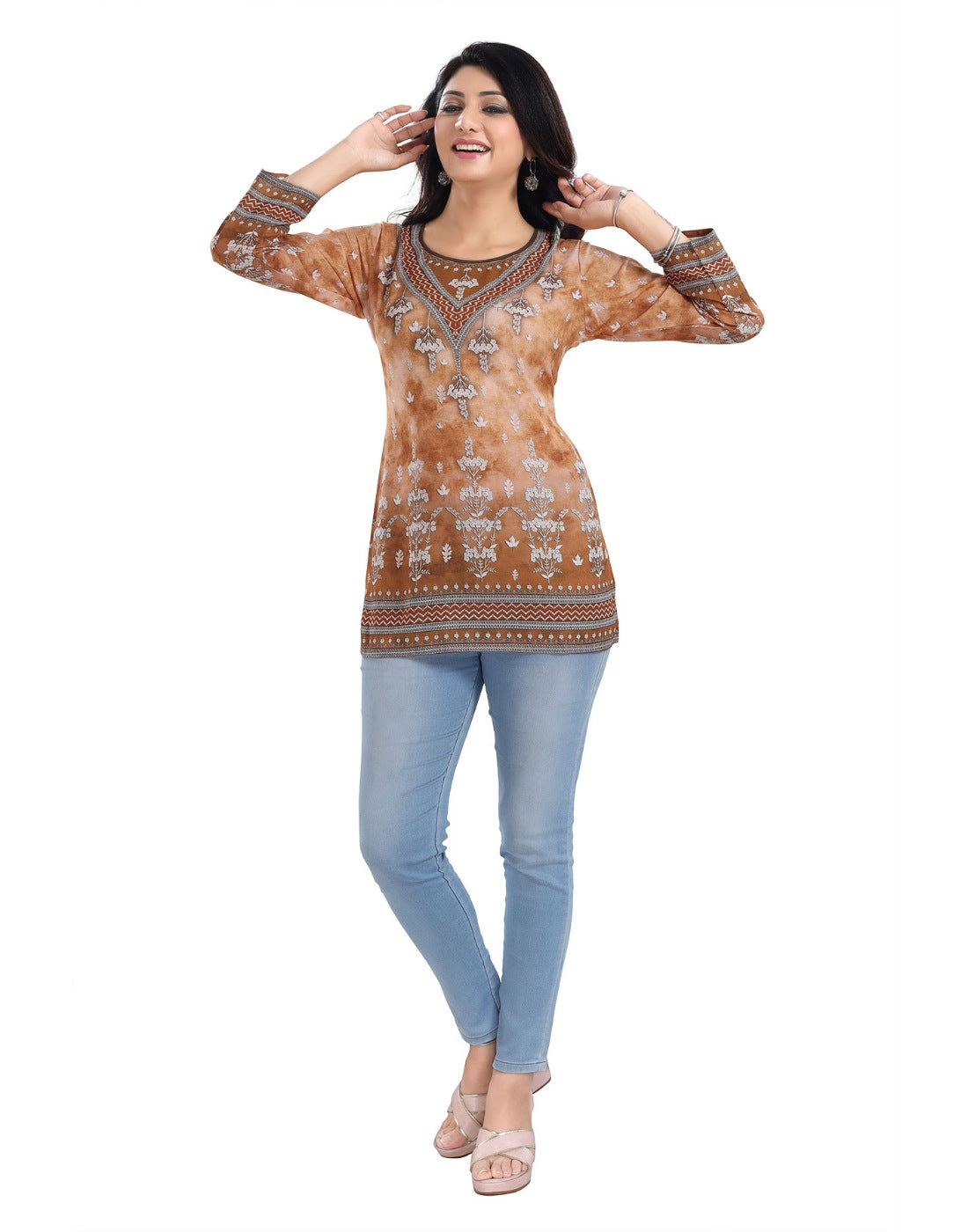Women's 3/4th Sleeve Faux Crepe Tunic Short Top (Light Brown) - GillKart