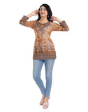 Women's 3/4th Sleeve Faux Crepe Tunic Short Top (Light Brown) - GillKart