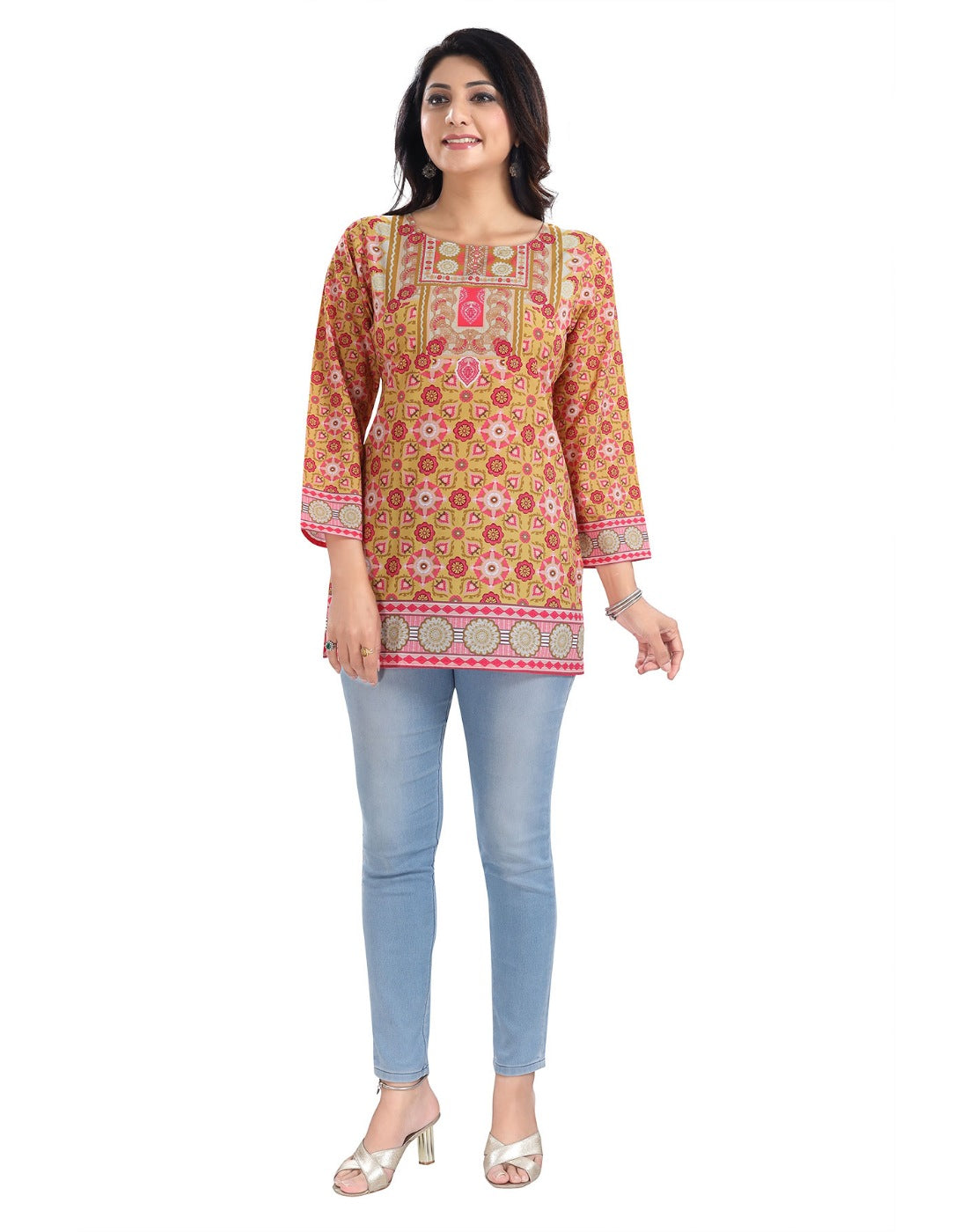 Multicolor faux crepe women's 3/4 sleeve tunic top with short length, round neck design