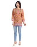 Multicolor faux crepe women's 3/4 sleeve tunic top with short length, round neck design