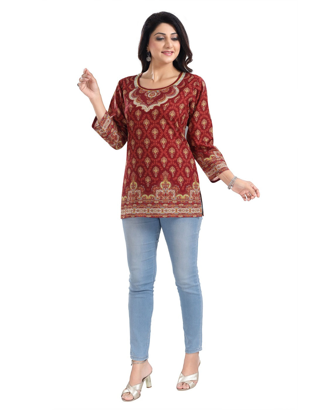 Red 3/4 sleeve summer cool tunic short top for women